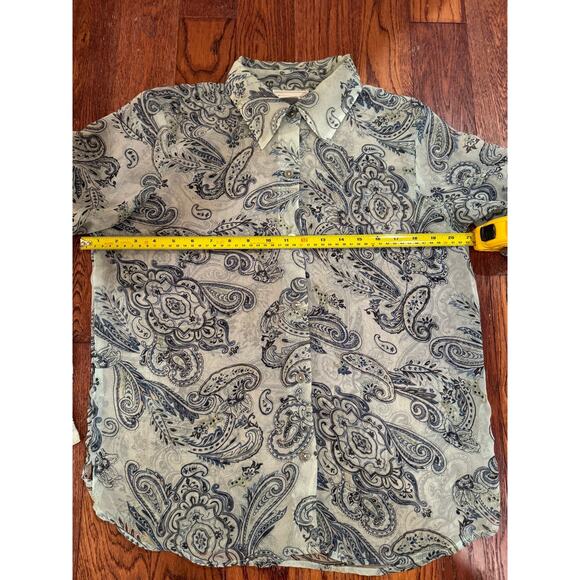 Paisley Sheer Womens M Blouse Long Sleeve Button Blue Gray Romantic Feminine - Picture 5 of 7